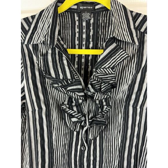 Spense Ruffled Collared Striped Shirt Black Gray cottagecore coquettish M 50-26 - Picture 13 of 15